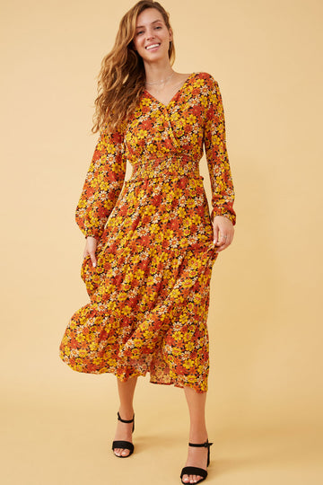HY6400W BLACK Plus Floral Smocked Waist Long Sleeve Surplice Dress Full Body
